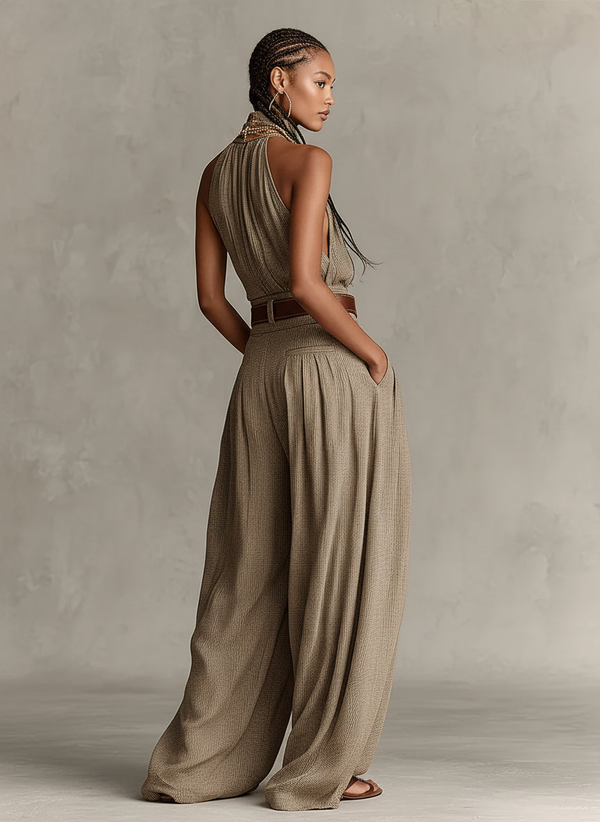 Caterina | Tuta wide leg tortora con scollo all'americana in stile boho