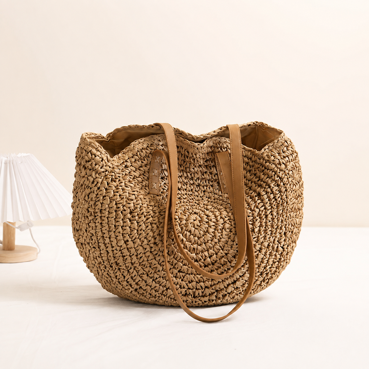 Linda | Borsa Tonda in Paglia Intrecciata - Nocciola