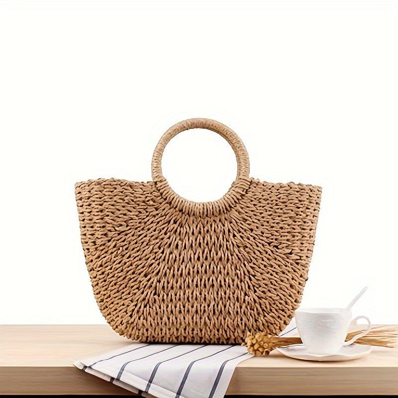 Serenella | Borsa a Mezzaluna in Paglia Intrecciata Cognac