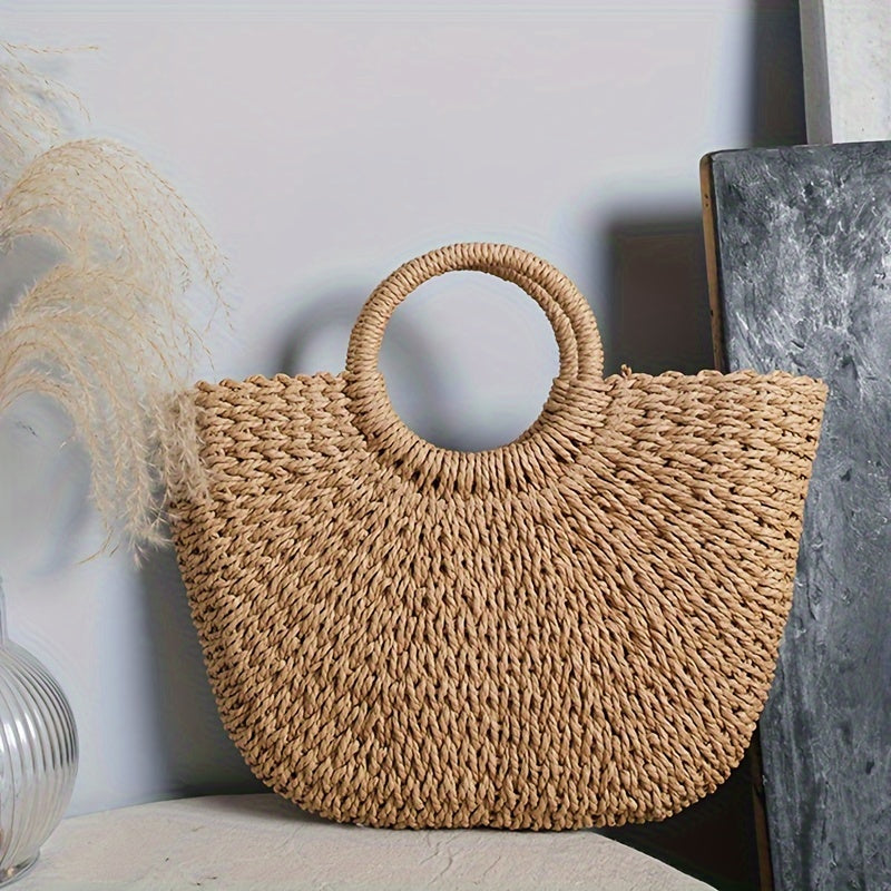 Serenella | Borsa a Mezzaluna in Paglia Intrecciata Cognac